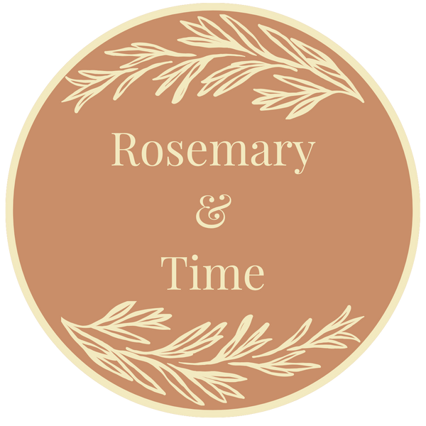 Round logo with 'Rosemary & Time' text and leaf designs on a white background