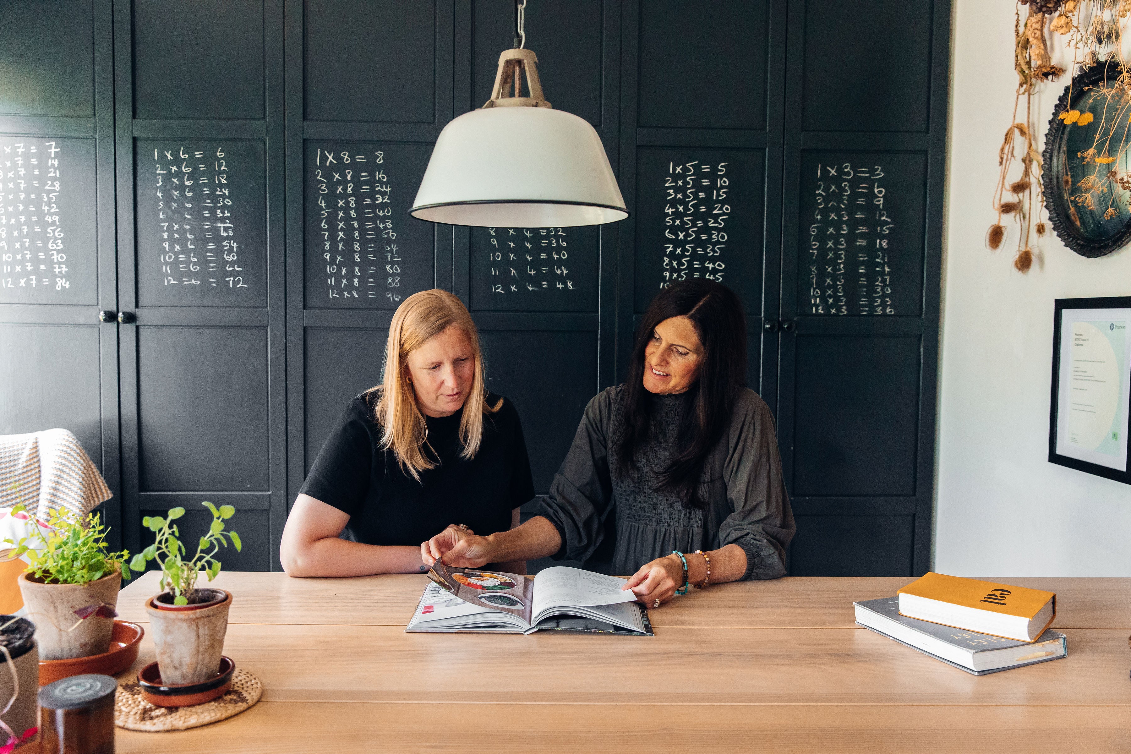 Two women sitting at a wooden table with an open magazine, surrounded by potted plants and books in a room with dark paneled walls.