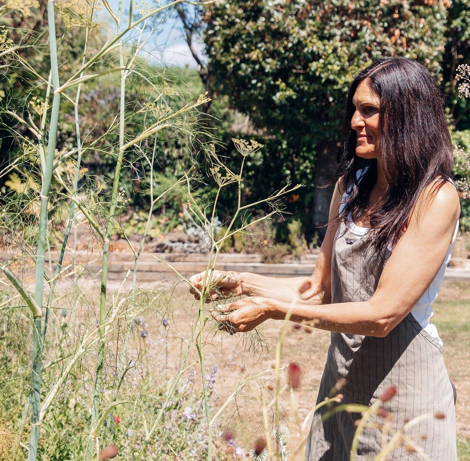 Woman tending to plants in a garden with trees and a clear sky in the background