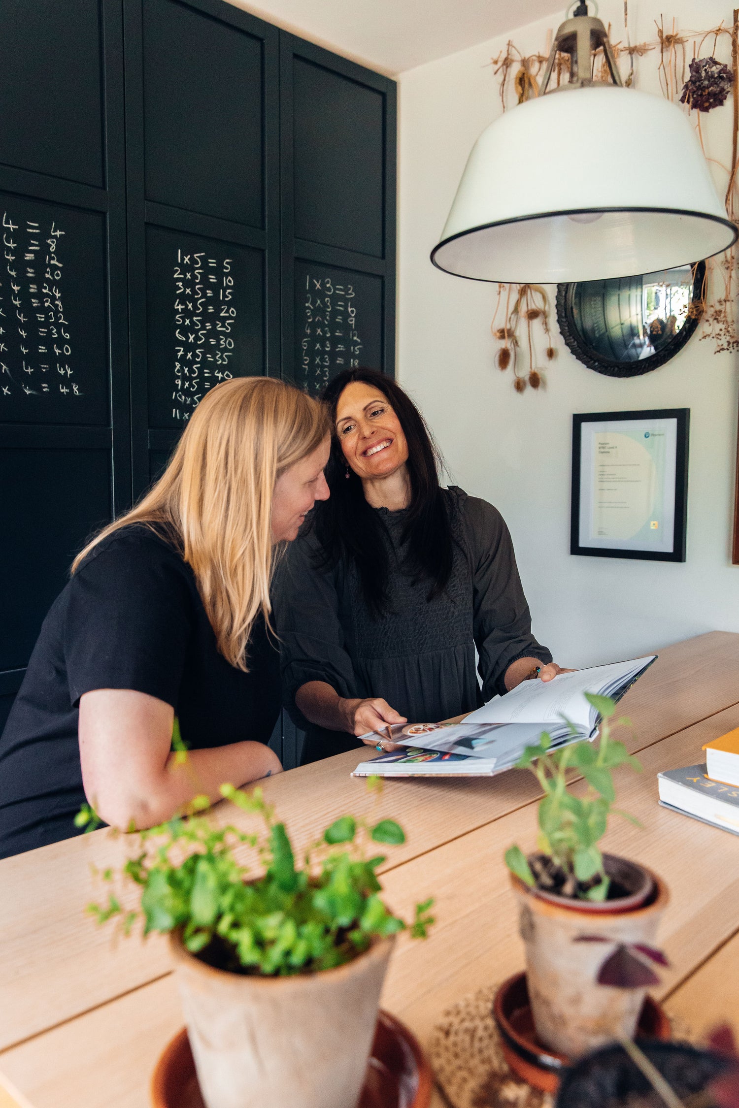 Two women sitting at a table with plants and a chalkboard wall in the background