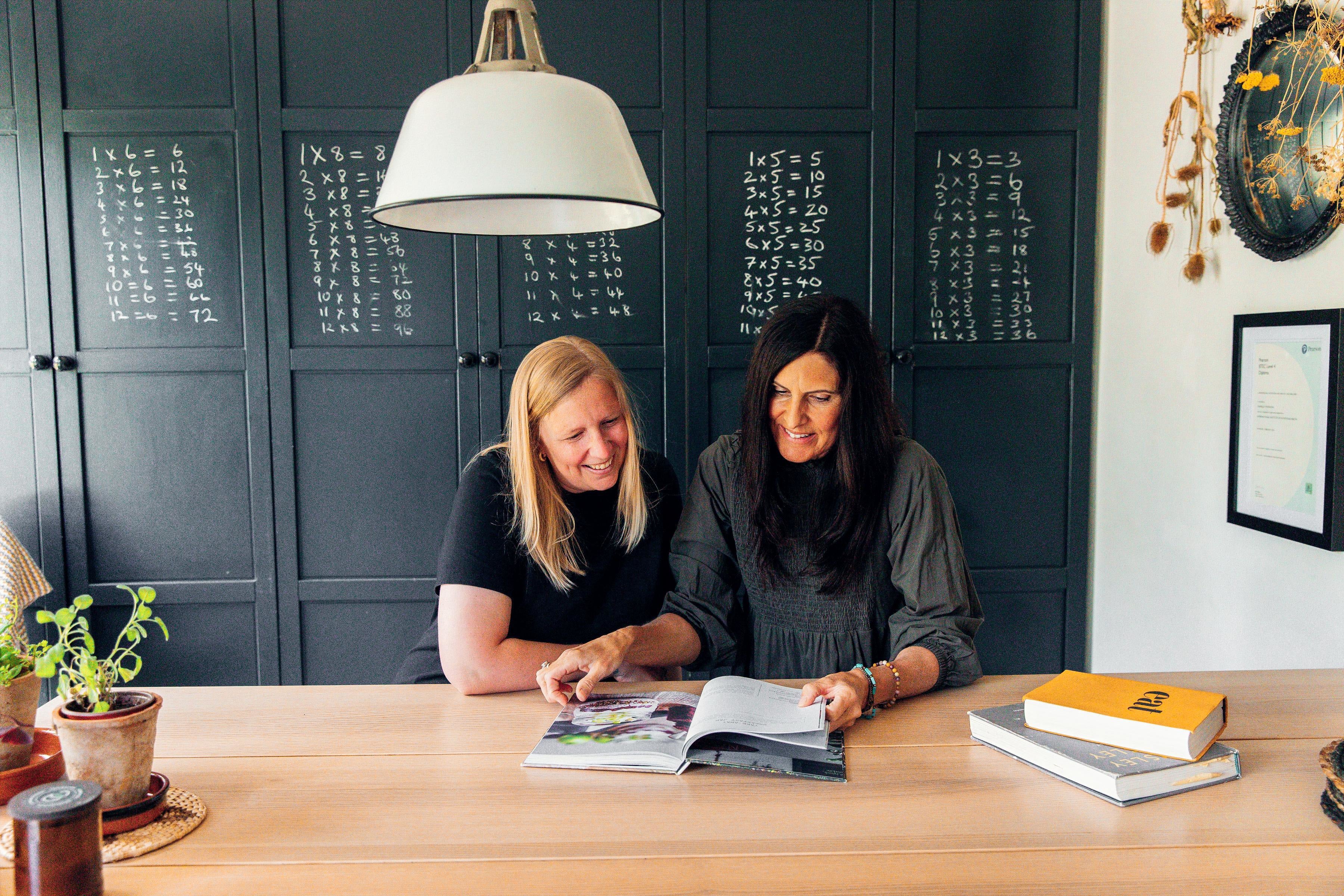Two women sitting at a table looking at a magazine in a room with dark paneled walls and a white ceiling light.